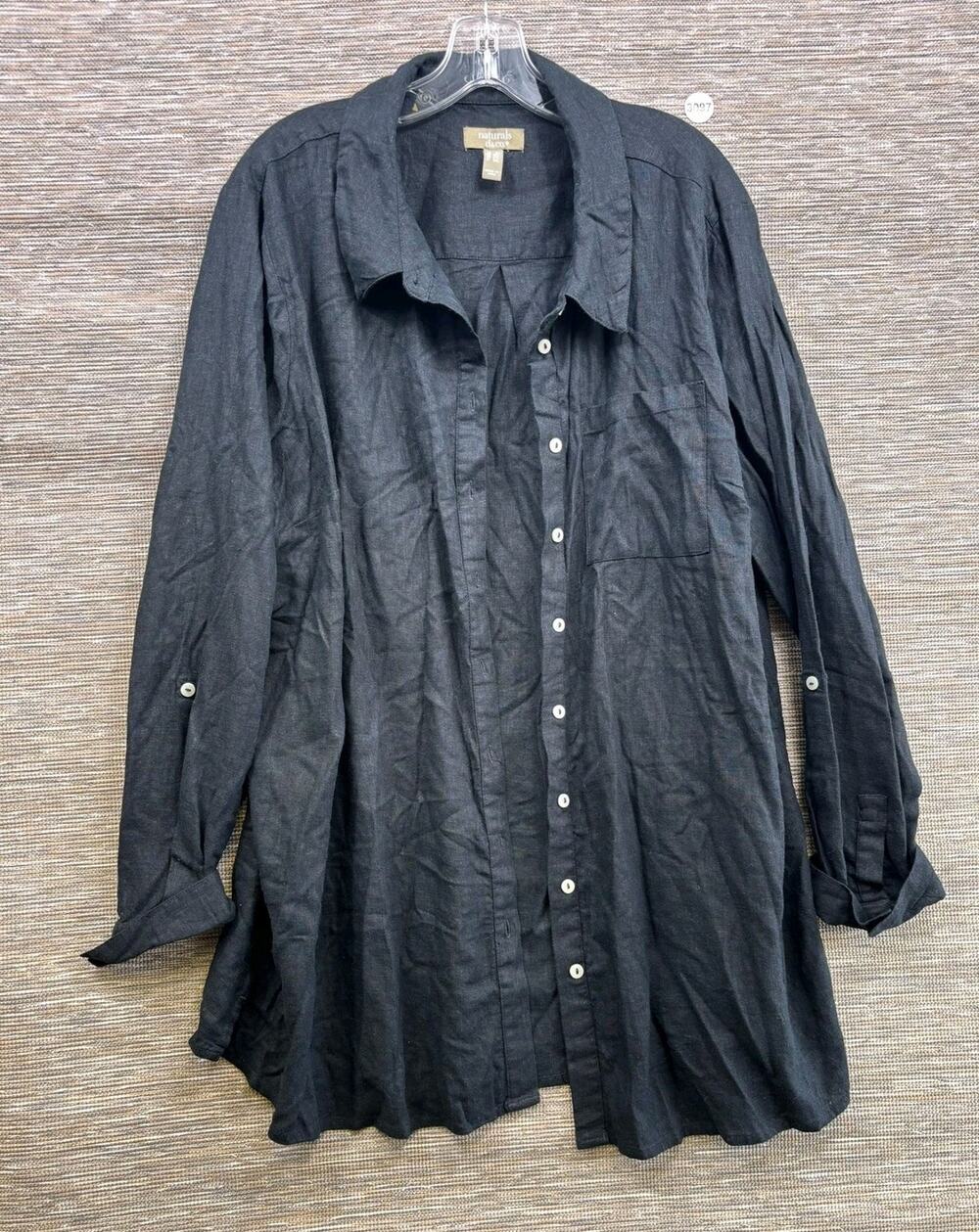 Naturals D&co. Shirt Womens 2X Black Linen Button Front Tunic Top Long Sleeve
